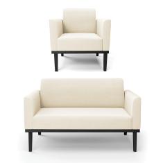 Sofá Namoradeira Com Poltrona Base De Madeira Fixa Preto Marisa Veludo Bege D03 - D'Rossi