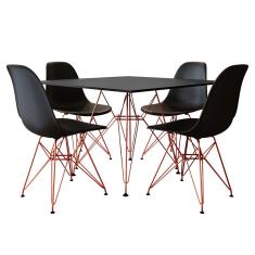 Conjunto Jantar Eames De Ferro Cobre E Tampo Quadrado Preto 90Cm 4 Cadeiras Pretas