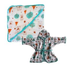 Kit 1 Toalha de Banho Bebe Soft com Capuz de Fralda + 1 Roupão com Cap