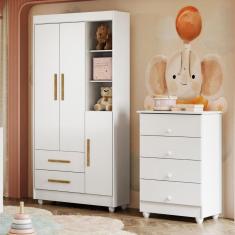 Quarto de Bebê Guarda Roupa 3 Portas e Cômoda 100% MDF Nina  Branco