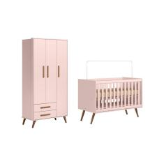 Quarto Infantil Encanto Retrô com Berço e Guarda Roupa 3 Portas Rosa - FdECOR