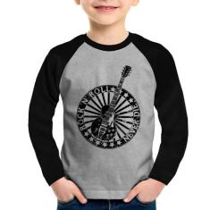 Camiseta Raglan Infantil Rock n Roll Never Die Guitarra Manga Longa - 