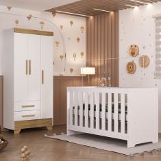 Quarto de Bebê com Guarda Roupa 3 Portas 2 Gavetas Berço 3 em 1 Catavento Maya Rodial - Nature/Branco