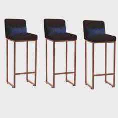 Kit 03 Banqueta Alta com Encosto Lucca Industrial Cozinha Balcão Ferro Bronze Suede Marrom e Almofada Azul Marinho - Ahazzo Móveis