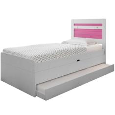 Cama Baú Solteiro Larissa Branco e Rosa com Auxiliar