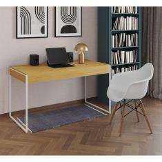 Escrivaninha Home Office Estilo Industrial Malta Canela 137x53cm Ferro Branco com 1 Poltrona Branca 