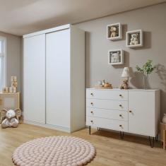 Quarto Infantil Guarda-Roupa 2 Porta de Correr 2 Gavetas Elara com Cômoda 1 Porta 4 Gavetas Aurora Branco