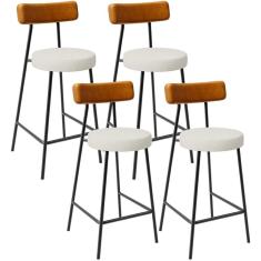 Kit 04 Banquetas Baixa Cozinha Sala Jantar Milão L02 Couríssimo Whisky Linho Champagne