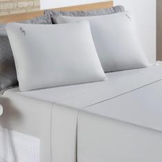 Jogo De Cama Lençol Percal 200 Fios 100% Algodão Bordado Liana Casal Padrão 04 Peças - Cinza