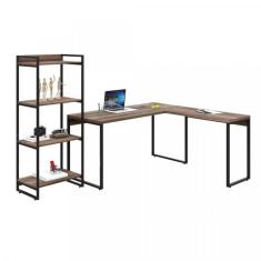 Conjunto Home Office Industrial 1 Escrivaninha Em L E 1 Estante 4 Prateleiras Kuadra Compace Nogal