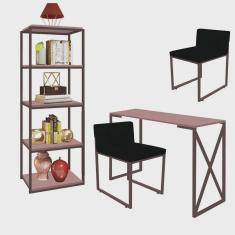 Kit Escritório Bex 2 Cadeiras Suede Preto com 1 Mesa e 1 Livreiro Ferro Marrom mdf Rose Rosa - Ahazzo Móveis