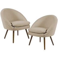 Kit 02 Poltronas Decorativas Fixa Pés Palito Rafa D02 Tressê Linho Bege C-129 - Lyam Decor