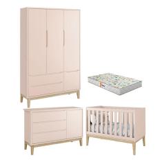 Quarto de Bebê 3 Portas New Classic Rosa com Pés Madeira Natural e Colchão Gazin - Reller 