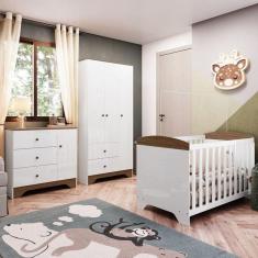 Quarto de Bebê com Guarda Roupa Cômoda e Berço Americano 100% MDF Ayla Branco Brilho/Carvalho