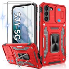 Gritup Capa para Galaxy-S21 com capa deslizante para câmera + [2 protetores de tela HD], suporte de anel giratório de metal 360°, capa protetora à prova de choque de grau militar para Samsung Galaxy