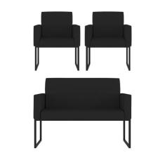 Kit 2 Poltrona + Sofá 2 Lugares com Base Ferro Preta material sintétic
