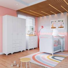 Quarto de Bebê com Guarda Roupa 4 Portas Cômoda 1 Porta 4 Gavetas e Berço Nina 100% Mdf Espresso Móv Branco Brilho