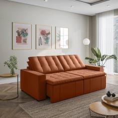 Sofá Cama Retrátil e Reclinável 4 Lugares 240cm em Veludo com Molas e Braço Reto Palmeira Cabecasa M Terracota