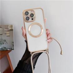 Chapeamento claro magnético sem fio casos de carregamento para iphone 15 14 11 12 13 pro max crossbody cordão colar capa, ouro, para iphone 15 promax