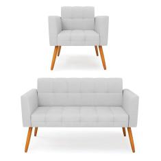 Kit 1 Sofá Namoradeira e 1 Poltrona Elisa Linho Pés Palito Castanho - D`Rossi