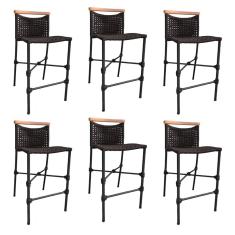 Kit 6 Banquetas Anne em Corda Náutica Base em Alumínio Preta com Detalhe em Madeira Marrom