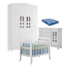 Quarto de Bebê New Selena 4 Portas com Berço Lila e Cômoda Selena Branco Brilho e Colchão Ortobom – Carolina Móveis