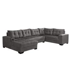 Sofá de Canto 6 Lugares Dijon com Chaise Esquerdo e Entrada USB Suede Cinza