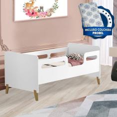 Cama Infantil Com Grade Branco Cecilia VJ Móveis E Colchão Probel Guarda Costas