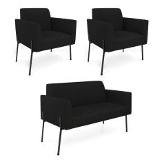 Sofá Namoradeira e 2 Poltronas Pé de Ferro Preto Marisa Linho D03 - D`Rossi