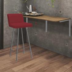 Kit Mesa Suspensa de Parede Fixa mdf Freijó + 1 Banqueta Lexi Ferro Cinza Sintético Vermelho - Ahazzo Móveis