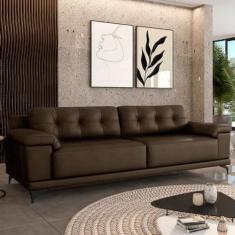 Sofá Living 3 lugares 212cm Agostino Pés Design em Ferro Couro Capuccino G52 - Gran Belo