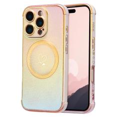 ZTOFERA Capa magnética para telefone 16 Pro 16 cm, linda capa iridescente luxuosa com padrão de corações de amor, borda chapeada proteção de lente de câmera à prova de choque para mulheres e meninas,