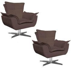 Kit 2 Poltronas Decorativas Sala De Estar Base Giratória Cromada Opla Suede Marrom - Ibiza