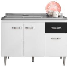 Balcão De Pia Cozinha 3 Portas 120Cm Branco E Preto S/Tampo