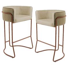 Kit 2 Banquetas Decorativas Base Aço Cobre Betina C-129 Linho Bege Fosco - Domi