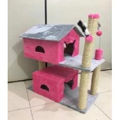 Arranhador Para Dois Gatos Com 2 Casas Rosa - Dodytoy Brinquedos Para