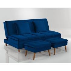 Sofá Cama Vegas Com 2 Puffs Talento Móveis Azul
