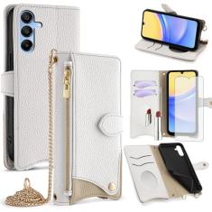 Asuwish Capa de telefone para Samsung Galaxy A15 5G/4G capa carteira com protetor de tela de vidro temperado e espelho de couro PU capa flip suporte para cartão de crédito suporte alça transversal