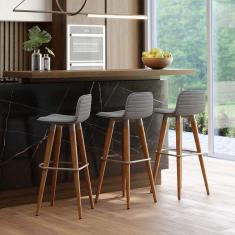 Kit 3 Banquetas Altas Luxo Linea Aço Champanhe Linho Cinza Base Carvalho 