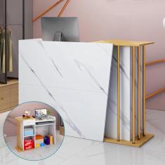 Mesa de recepção com balcão, balcão de recepção moderno com gavetas e prateleiras de armazenamento, mesa de computador de escritório com grande armário de armazenamento, para saguões de salão, sala de