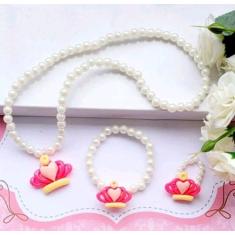 Kit Conjunto Infantil Colar e Pulseira Anel Miçangas Pérola Colorida P