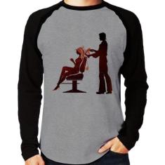 Camiseta Raglan Cabeleireiro Manga Longa - Foca na Moda, Cinza, Preto,