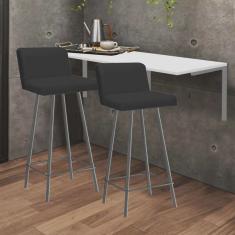 Kit Mesa Suspensa de Parede Fixa mdf Branco + 2 Banquetas Lexi Ferro Cinza Sintético Preto - Ahazzo Móveis