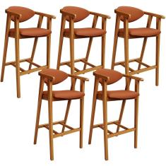 Kit 5 Banquetas Alta Fixa Cecília L02 Madeira Eucalipto Assento Tecido Terracota Lyam Decor