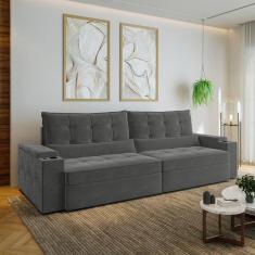 Sofá Retrátil e Reclinável com Porta Copos e Usb 4 Lugares 300cm Embaúba Extra Cabecasa Madeiramadei Grafite Fosco