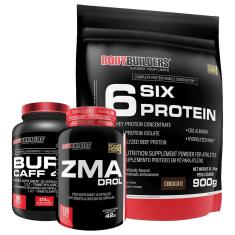 Kit Whey Protein 6 Six 900g + Zma + Pré treino Burn Caff - Bodybuilders-Unissex