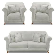 Kit 2 Poltronas e Sofá Living 2 Lugares 1,60m Vênus Veludo Pés Castanh