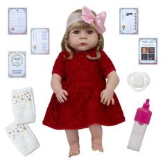 Boneca Reborn Gatinha Vestido Vermelho + Kit Acessórios - Cegonha Rebo