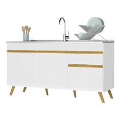 Balcão Cozinha Gabinete Pia 150cm 3 Portas 1 Gaveta Veneza Multimóveis V2072 Branco/dourado