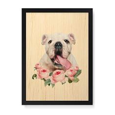 Arte Maníacos Quadro Decorativo em Madeira Bulldog Inglês Flores - 23x16,25cm (Moldura caixa em laca preta)